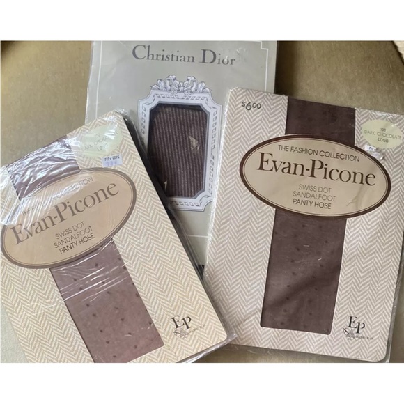 Vintage Pantyhose 3 Pairs Tall Christian Dior Evan-Picone Brown Polka dot/Stripe - Picture 1 of 7